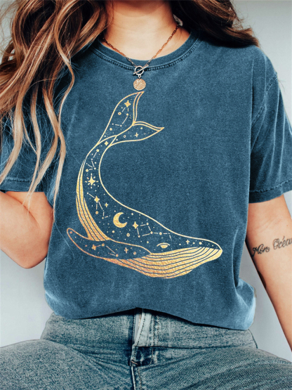 Celestial Whale Graphic Vintage Washed T Shirt-Datalatt