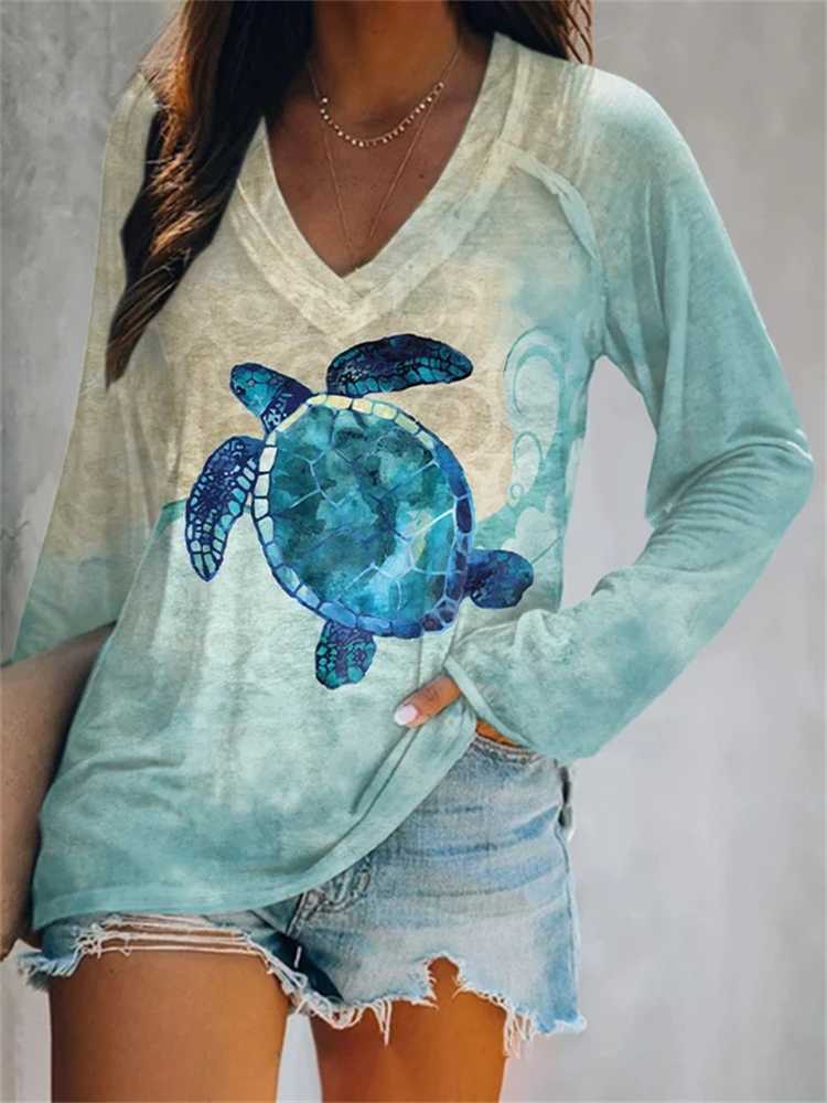 Women's Casual Turtle Print Long Sleeve T-Shirt-Datalatt