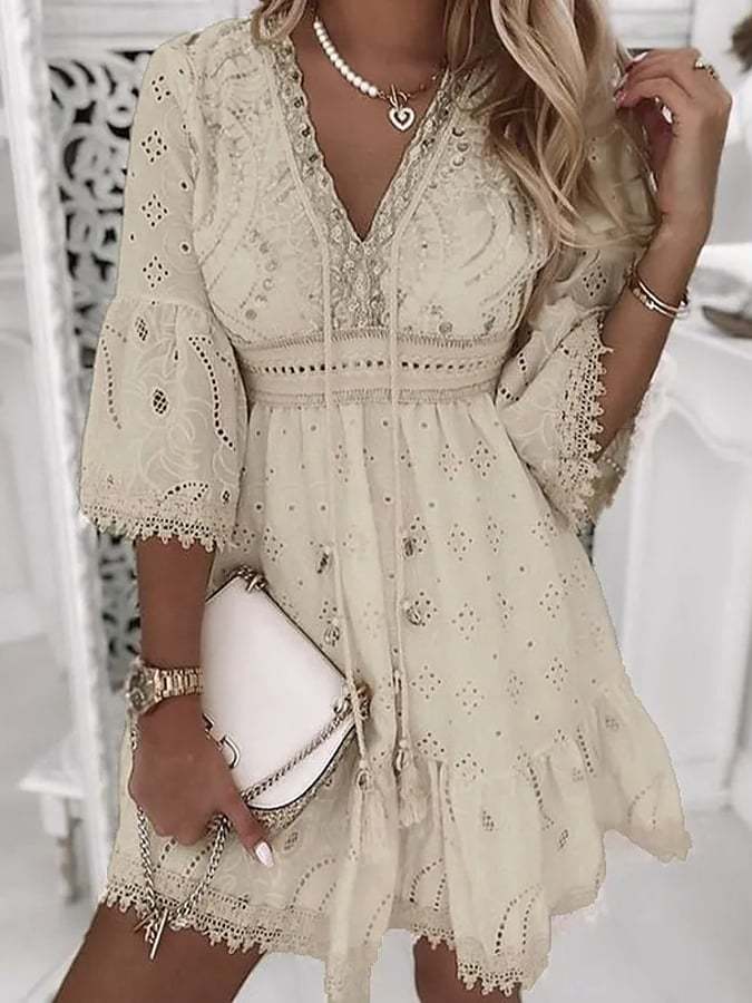 Women's Lace Embroidery Hollow Out Ruched V Neck Stylish Modern Party Dress-Datalatt
