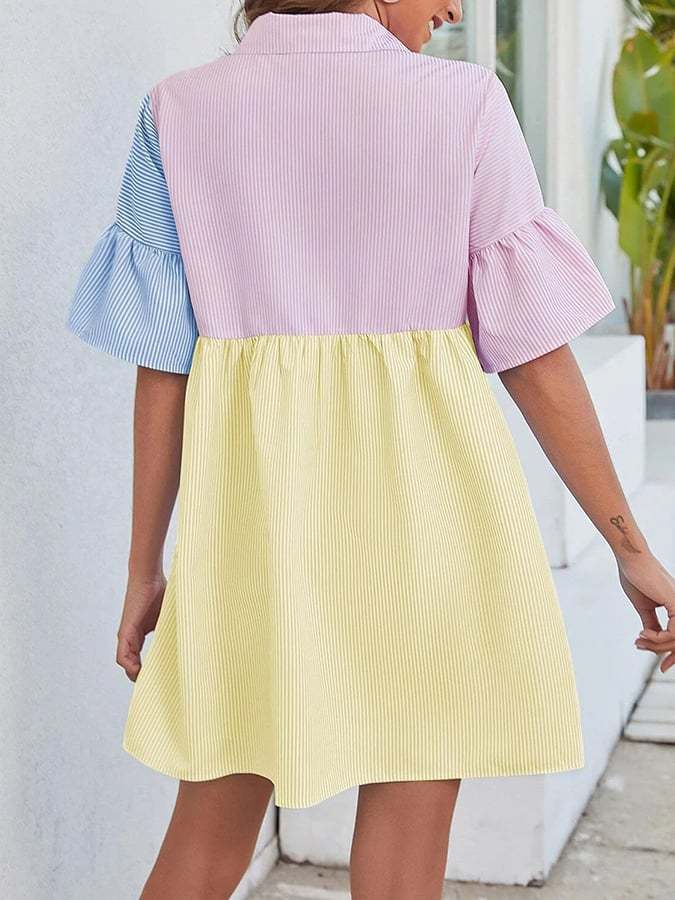 Women's Striped Short Sleeve Color Block Shirt Dress-Datalatt