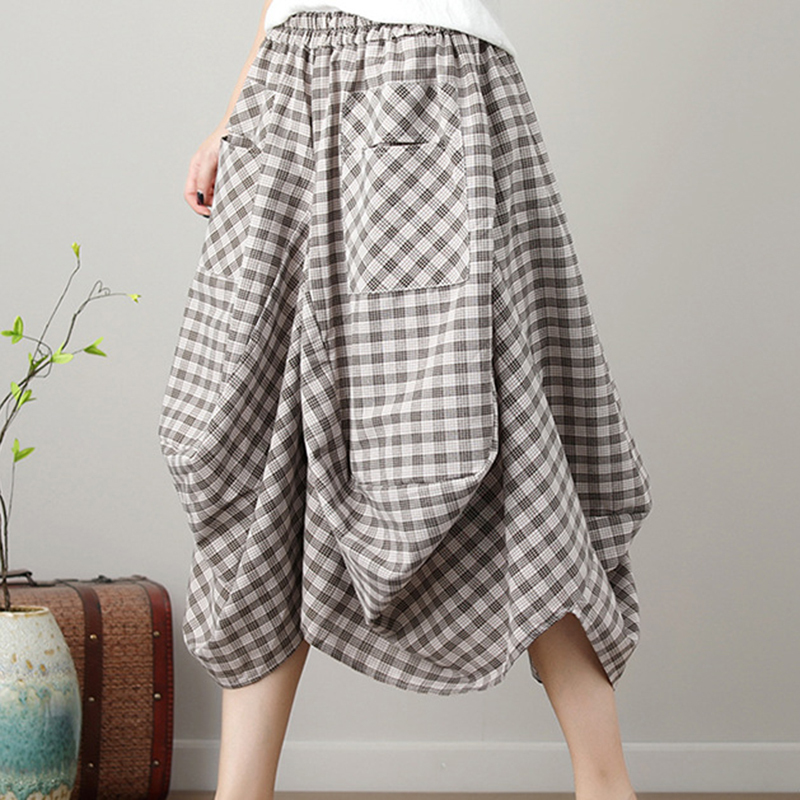 Vintage Cotton Linen Loose Plaid Lantern Skirt-Datalatt