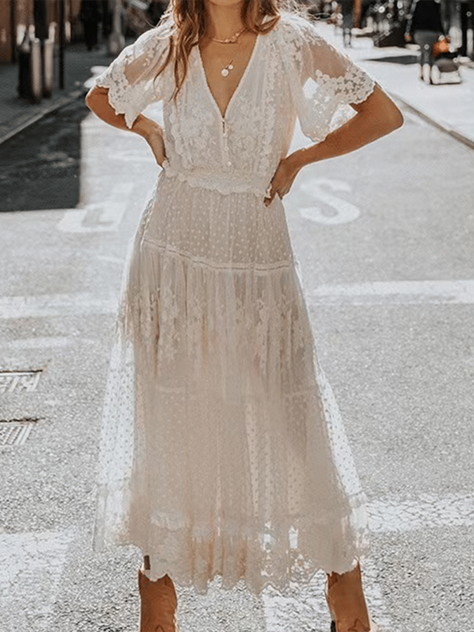 Women's Elegant v-neck Short Sleeve Lace Patchwork Embroidered Long Dresses-Datalatt
