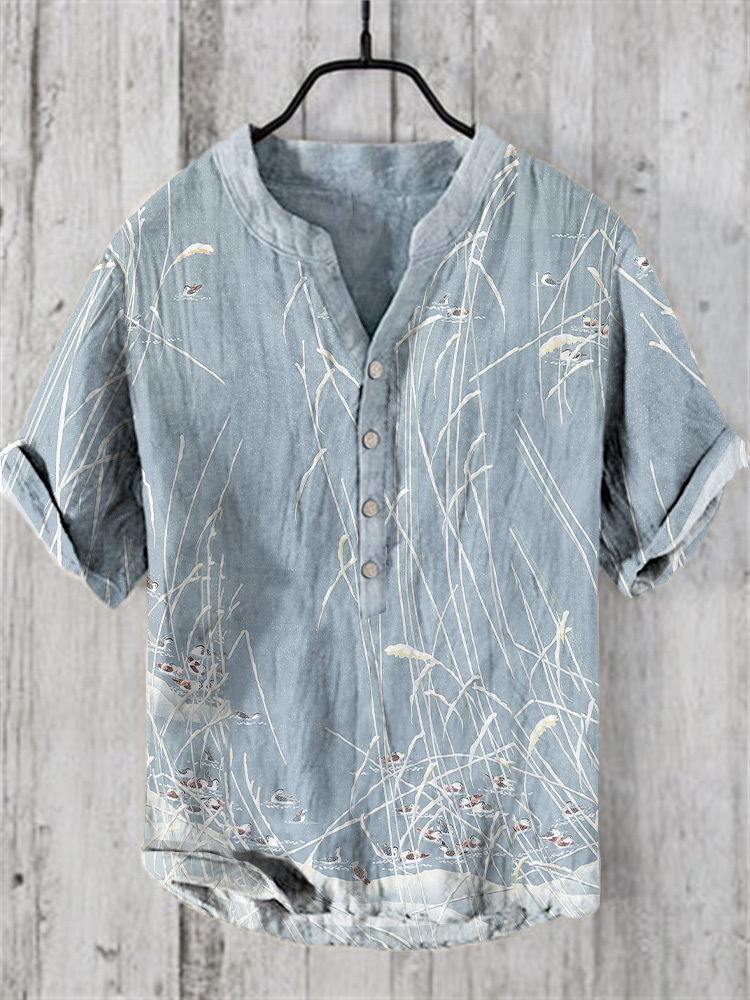 Japanese Art Print V-Neck Linen Blend Cozy Shirt-Datalatt