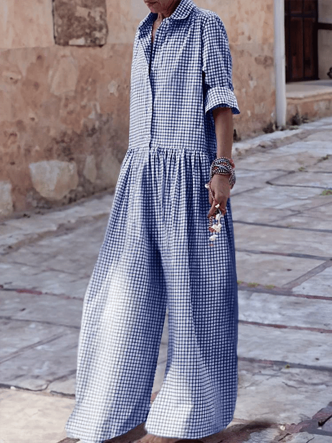 Women's Vintage Classic Plaid Long Sleeve Pocket Shirt Jumpsuit-Datalatt