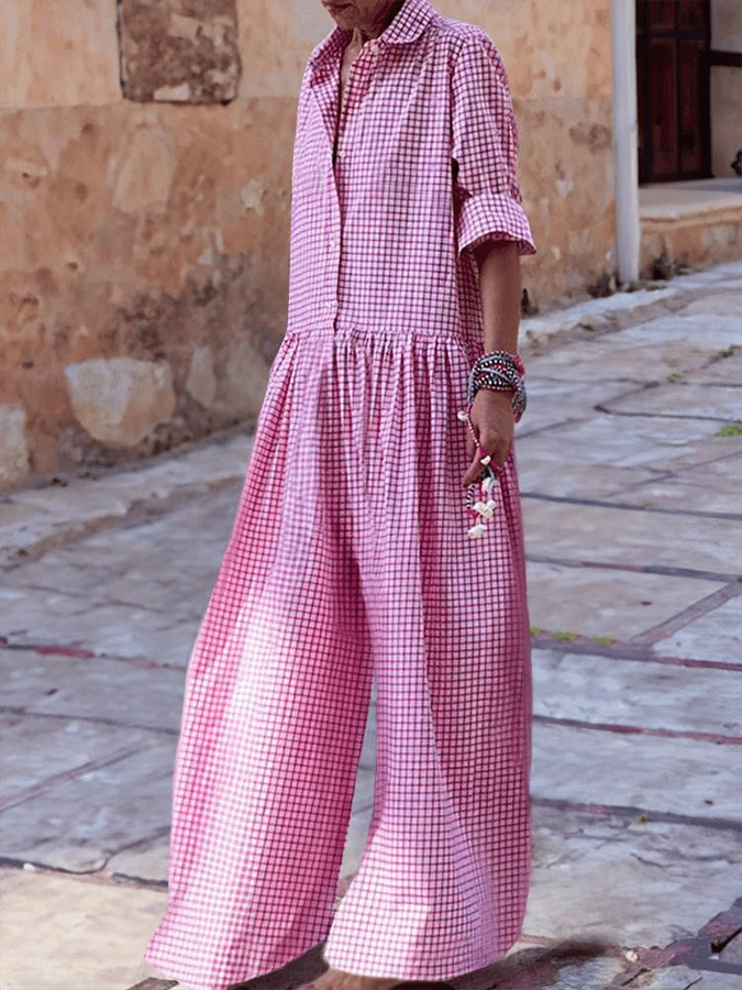 Women's Vintage Classic Plaid Long Sleeve Pocket Shirt Jumpsuit-Datalatt
