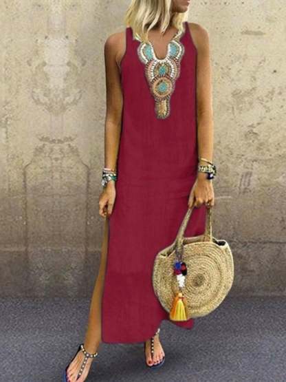 Ladies Cotton Linen V-Neck Sleeveless Dress-Datalatt