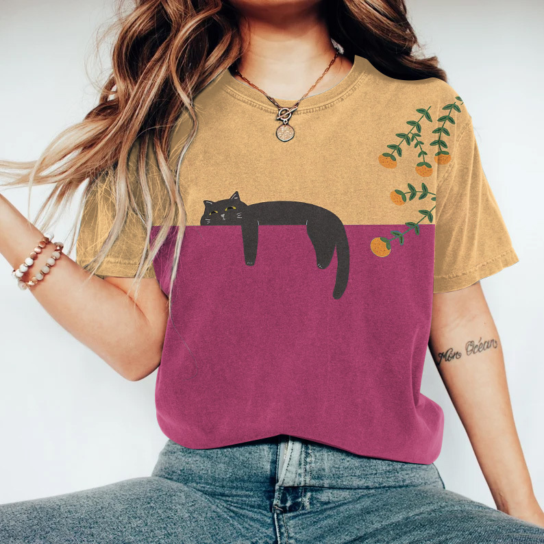 Abstract Creative Lazy Black Cat Painting Art T-Shirt-Datalatt
