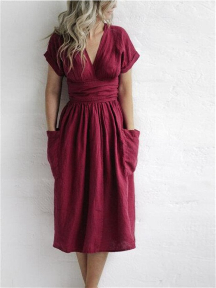 Patch Pockets Wrap Midi Dress-Datalatt