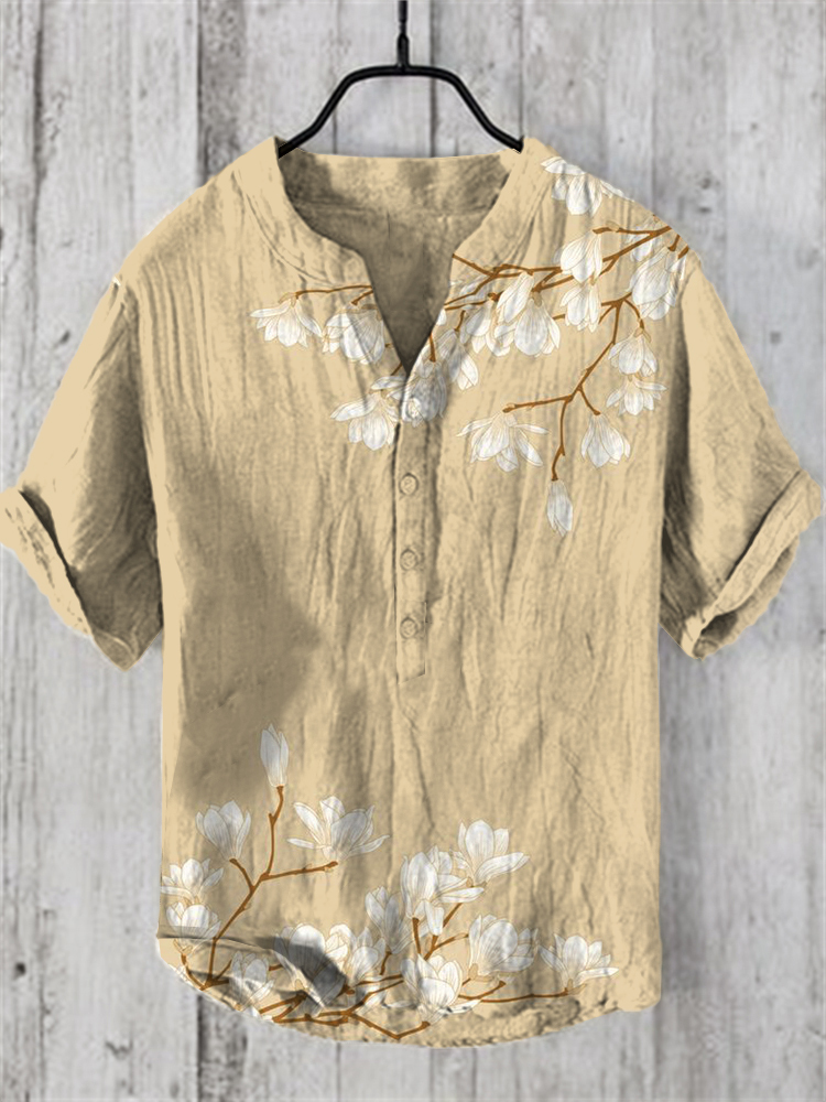 Men's Vintage Japanese Art Magnolia Flower V Neck Casual Linen Blend Shirt-Datalatt