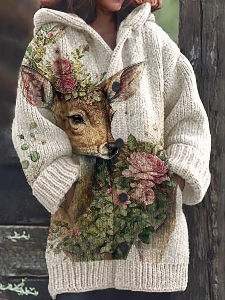 Elegant Deer Floral Art Cozy Knit Hooded Cardigan-Datalatt