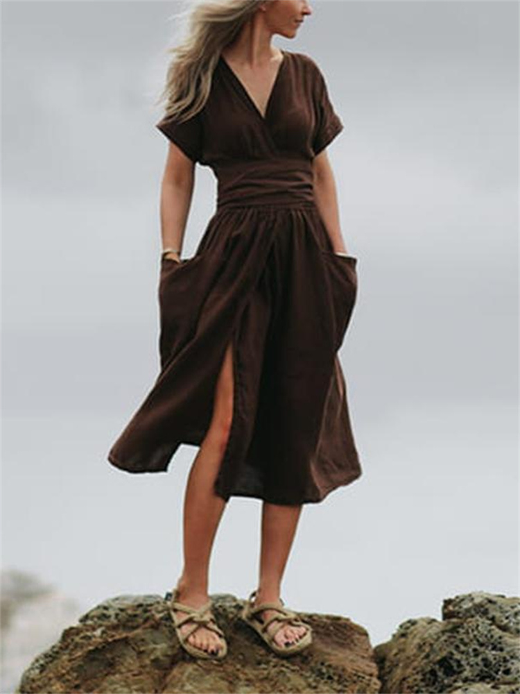 Patch Pockets Wrap Midi Dress-Datalatt