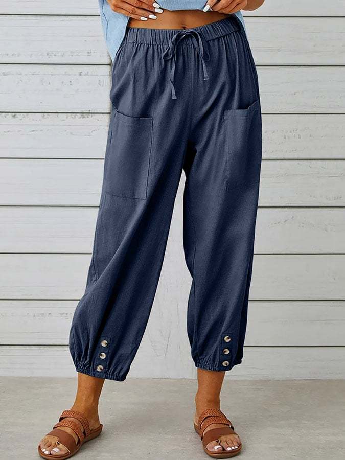 Solid Color Casual With Pocket Buttons Cotton Linen Trousers-Datalatt