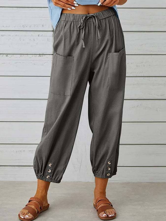 Solid Color Casual With Pocket Buttons Cotton Linen Trousers-Datalatt