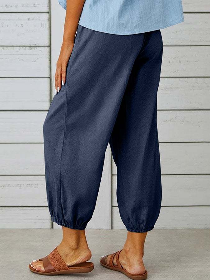 Solid Color Casual With Pocket Buttons Cotton Linen Trousers-Datalatt