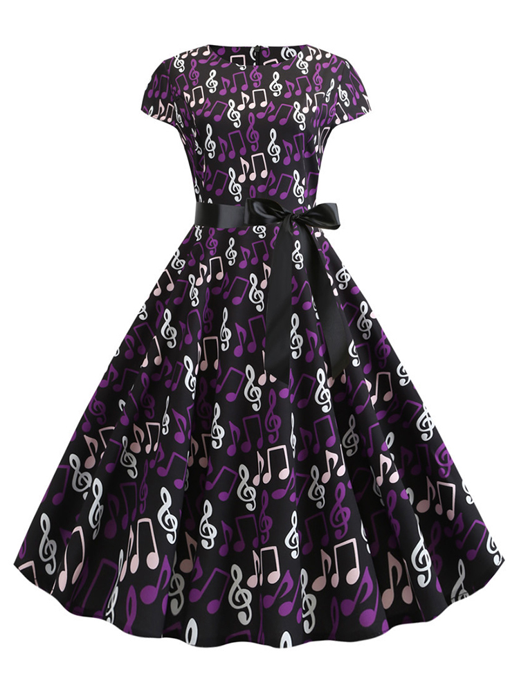 Elegant Music Notes Pleateed Wide Skirt Midi Dress-Datalatt