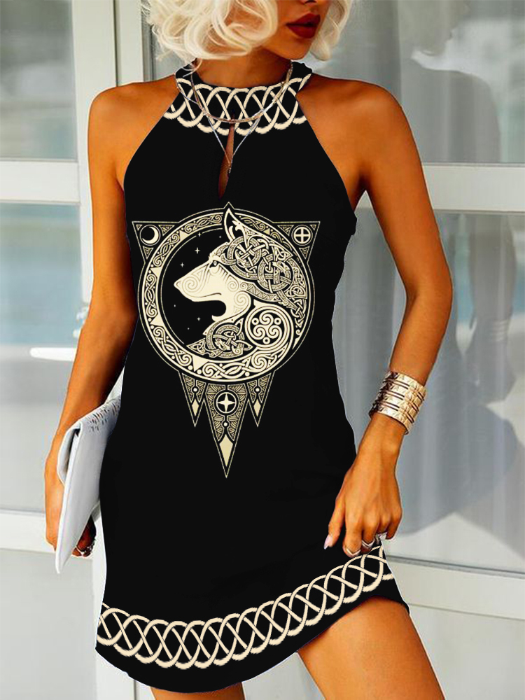 Viking Wolf Art Sleeveless Mini Dress-Datalatt