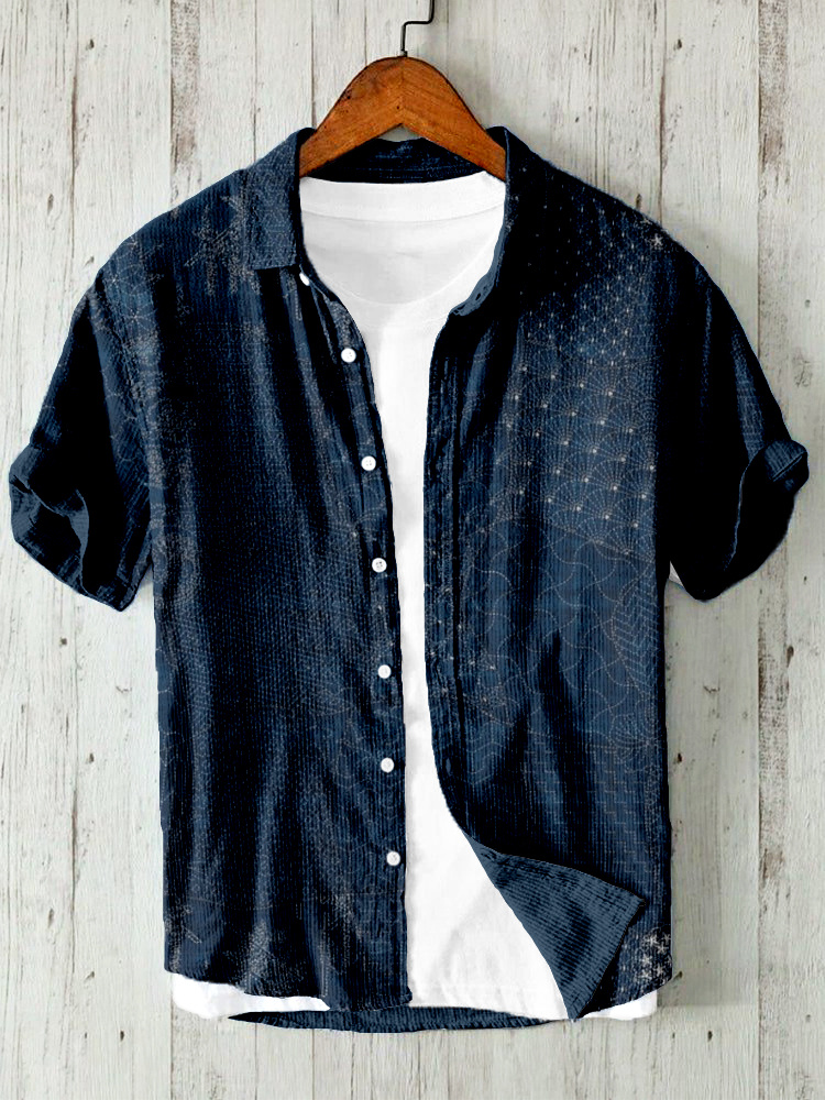 Japanese Traditional Sashiko Art Linen Blend Shirt-Datalatt