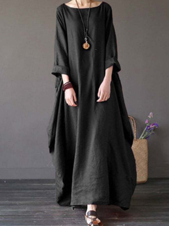 Women's Cotton Linen Solid Colour Loose Plus Size Midi Dress