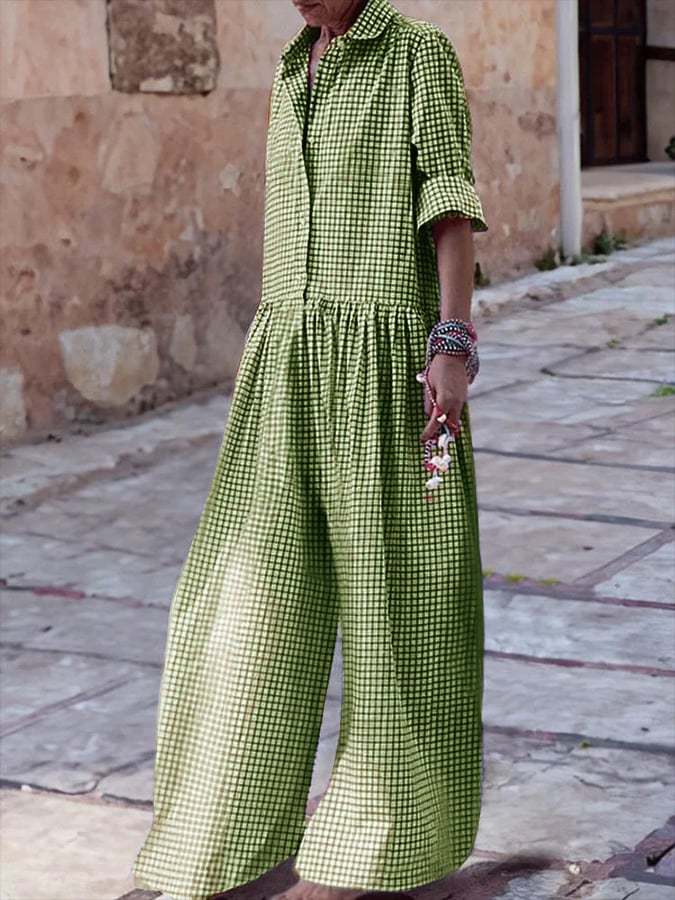 Women's Vintage Classic Plaid Long Sleeve Pocket Shirt Jumpsuit-Datalatt