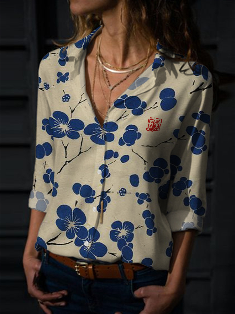 Cherry Blossom Japanese Lino Art Flowy Blouse-Datalatt
