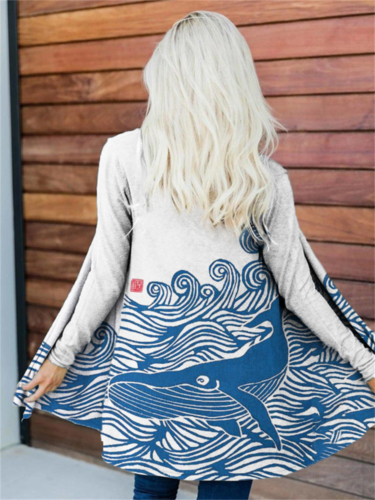Whale & Waves Japanese Lino Art Cozy Cardigan-Datalatt
