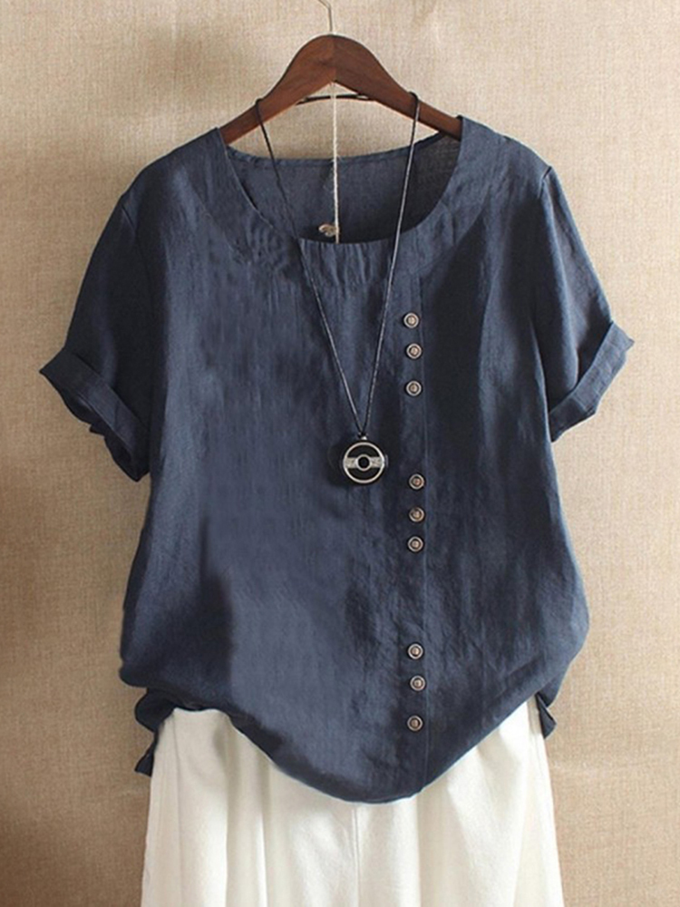 Round Neck Solid Color Buttons Short Sleeves T-shirt-Datalatt