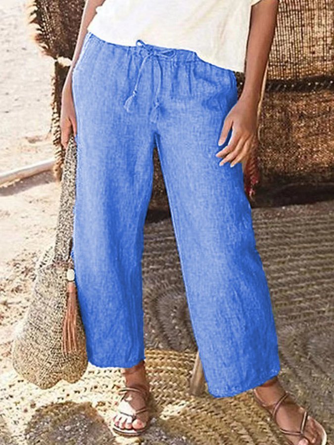 Women's Cotton Linen Drawstring Casual Cropped Pants-Datalatt
