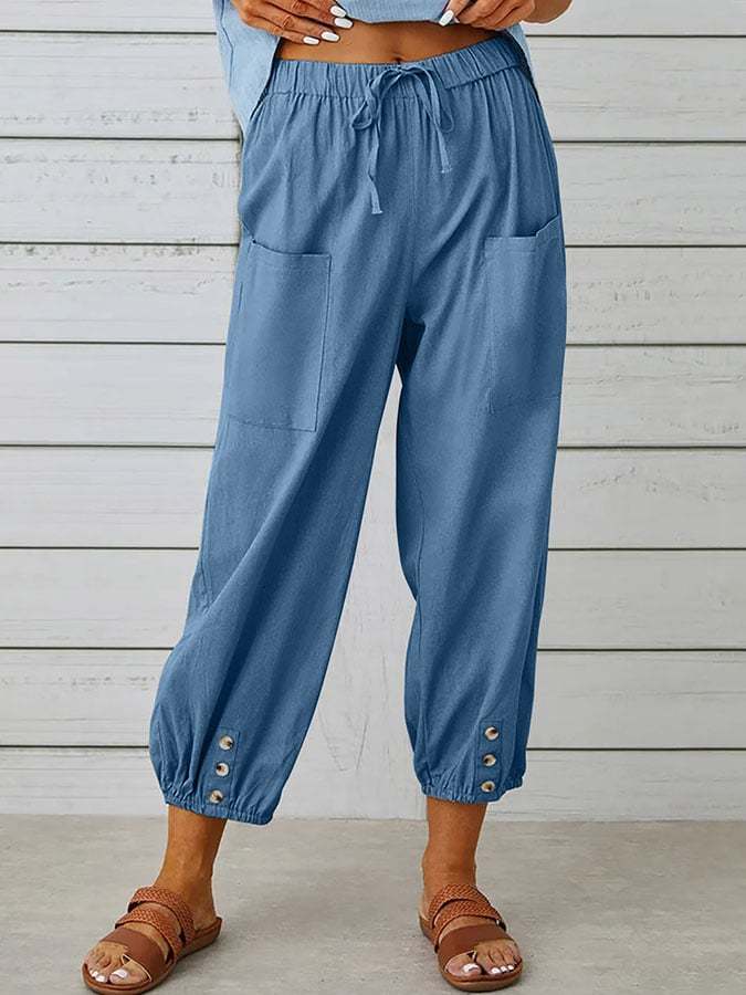 Solid Color Casual With Pocket Buttons Cotton Linen Trousers-Datalatt
