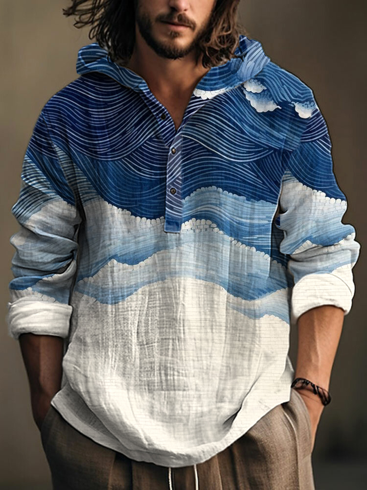 Vintage Japanese Art Sea Wave Linen Hooded Shirt-Datalatt