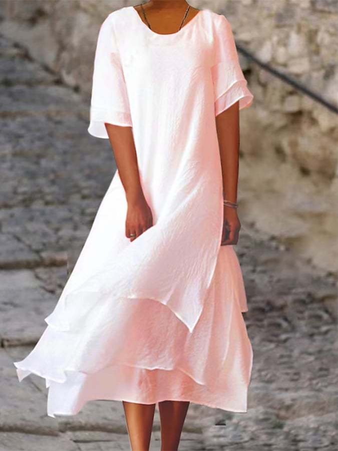 Women's Cotton Double-Layer Color-Block Slit Short-Sleeved Round Neck Dress-Datalatt