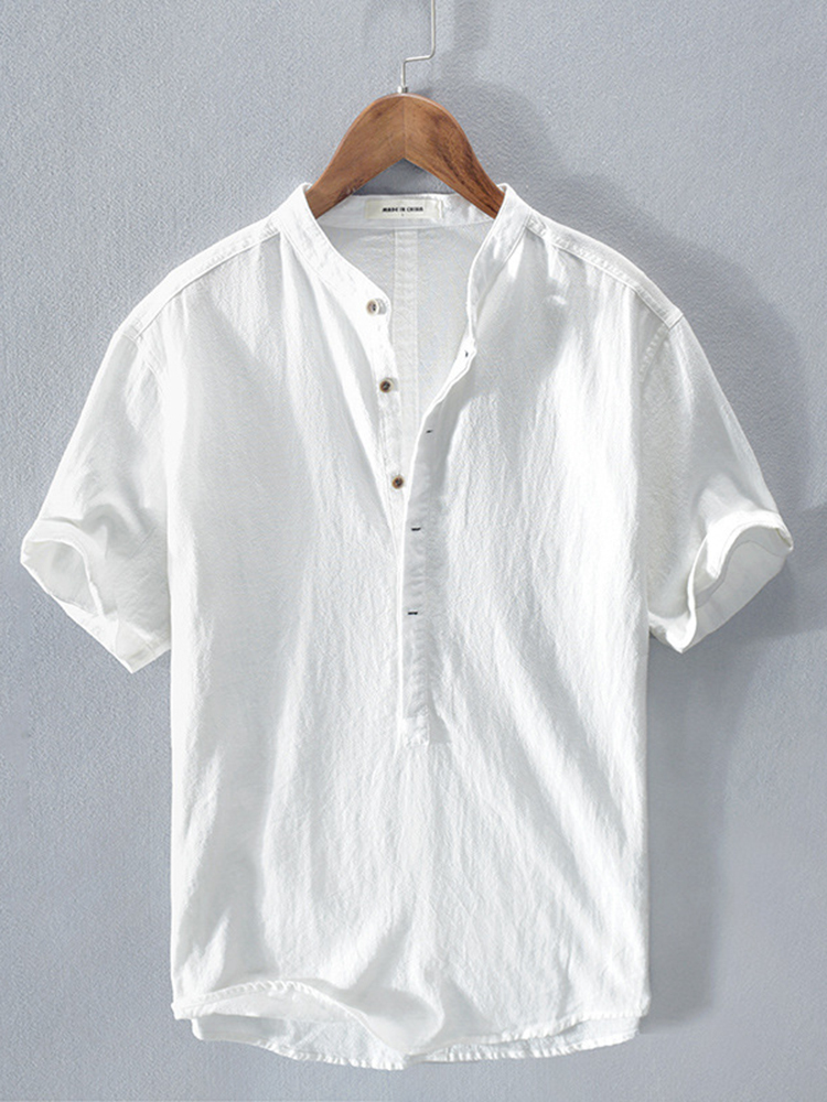 Men's Vintage Button Down Casual V Neck Linen Blend Shirt-Datalatt