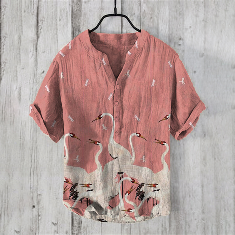 Men's Vintage Japanese Crane V Neck Casual Linen Blend Shirt-Datalatt