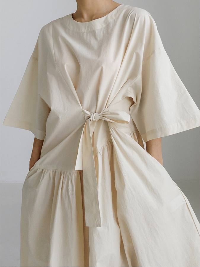Women's Solid Color Simple Splicing Lace-Up Bow Casual Dress-Datalatt