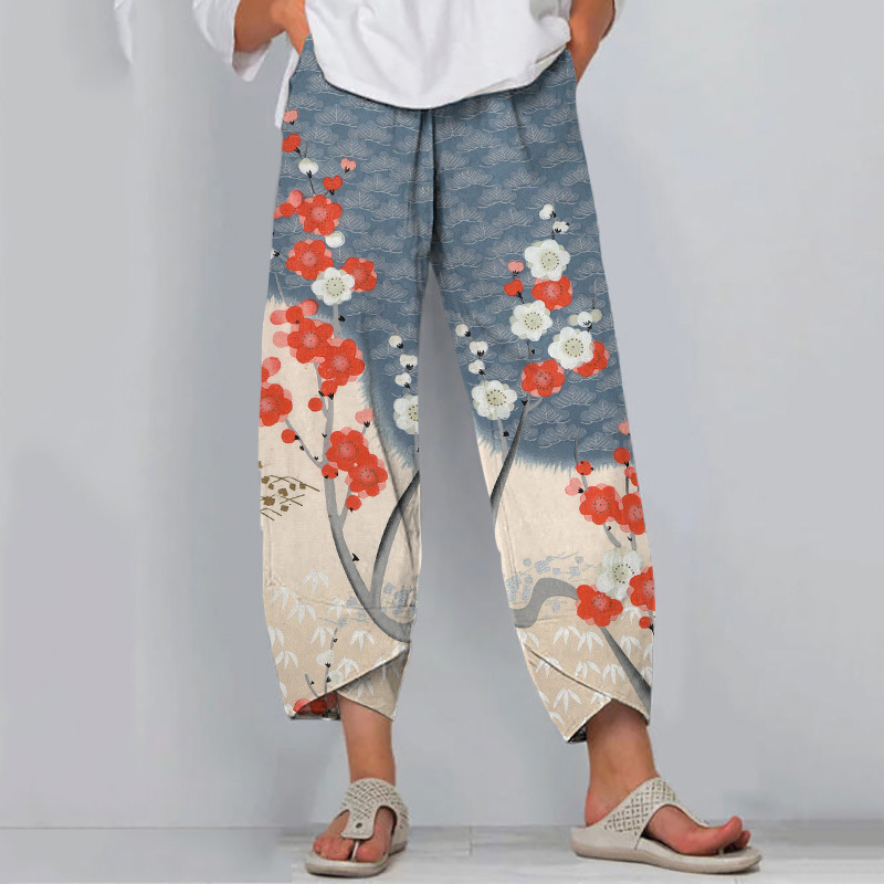 Japanese Art Cherry Blossom Print Casual Pants-Datalatt