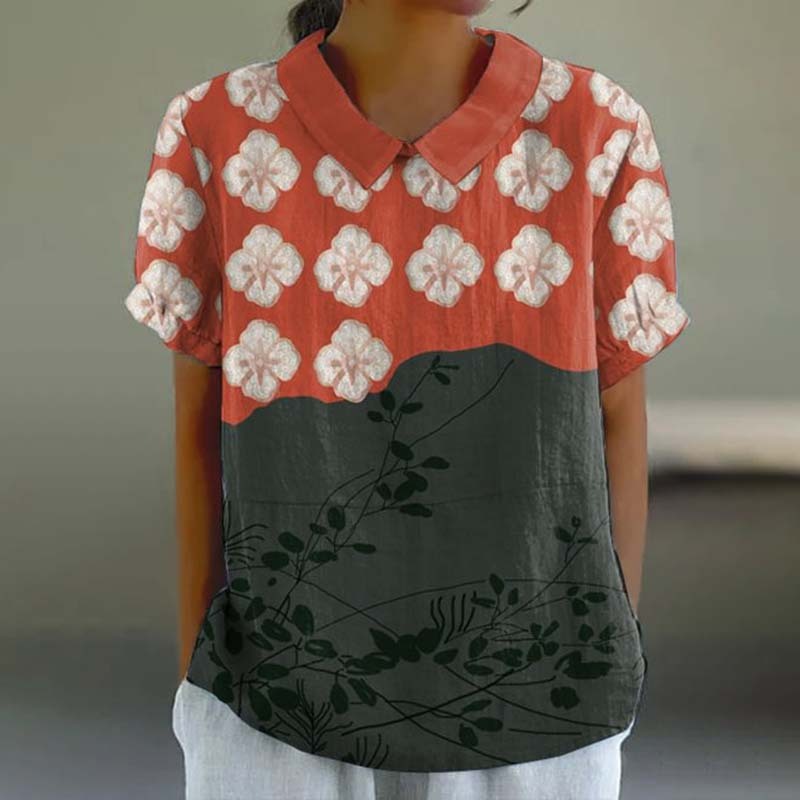 Japanese Art Flower Print Lapel Casual Blouse-Datalatt