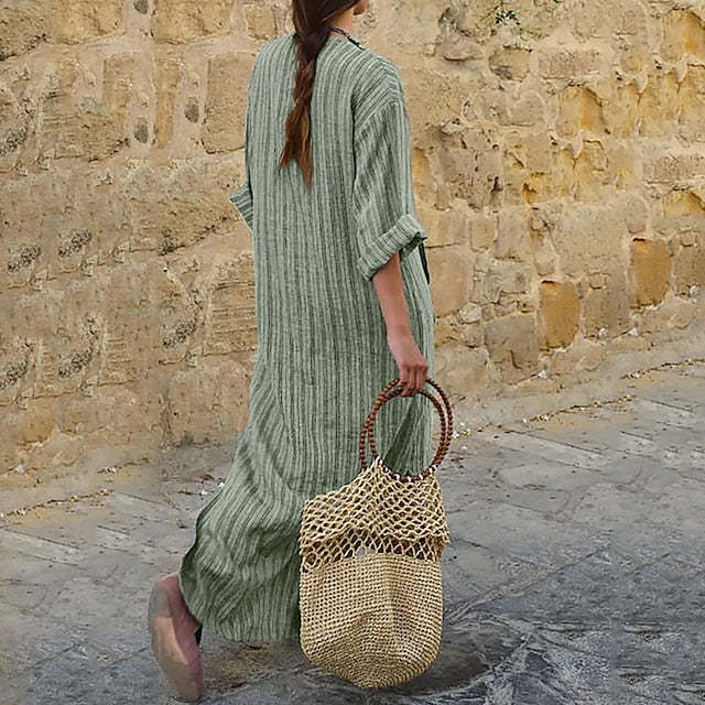 Vintage Stripes V Neck Casual Maxi Dress-Datalatt