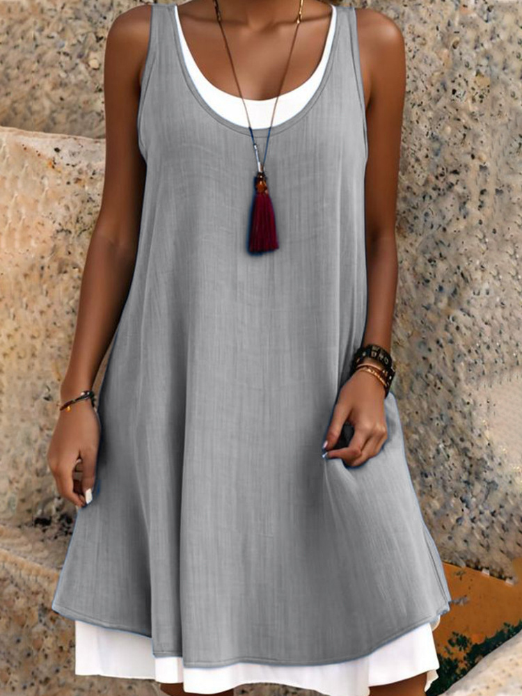 Casual Sleeveless Fake Two Piece Midi Dress-Datalatt