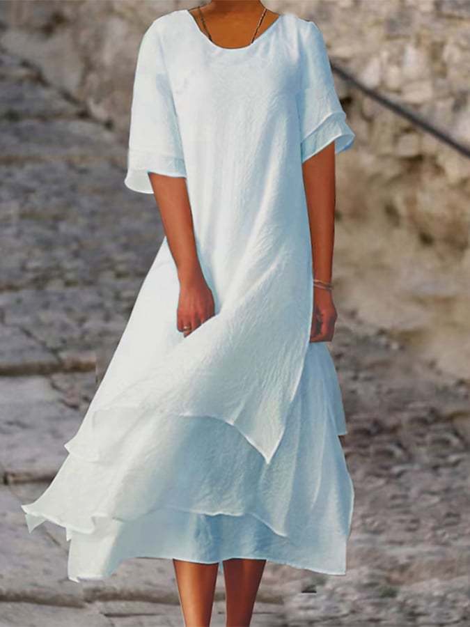 Women's Cotton Double-Layer Color-Block Slit Short-Sleeved Round Neck Dress-Datalatt