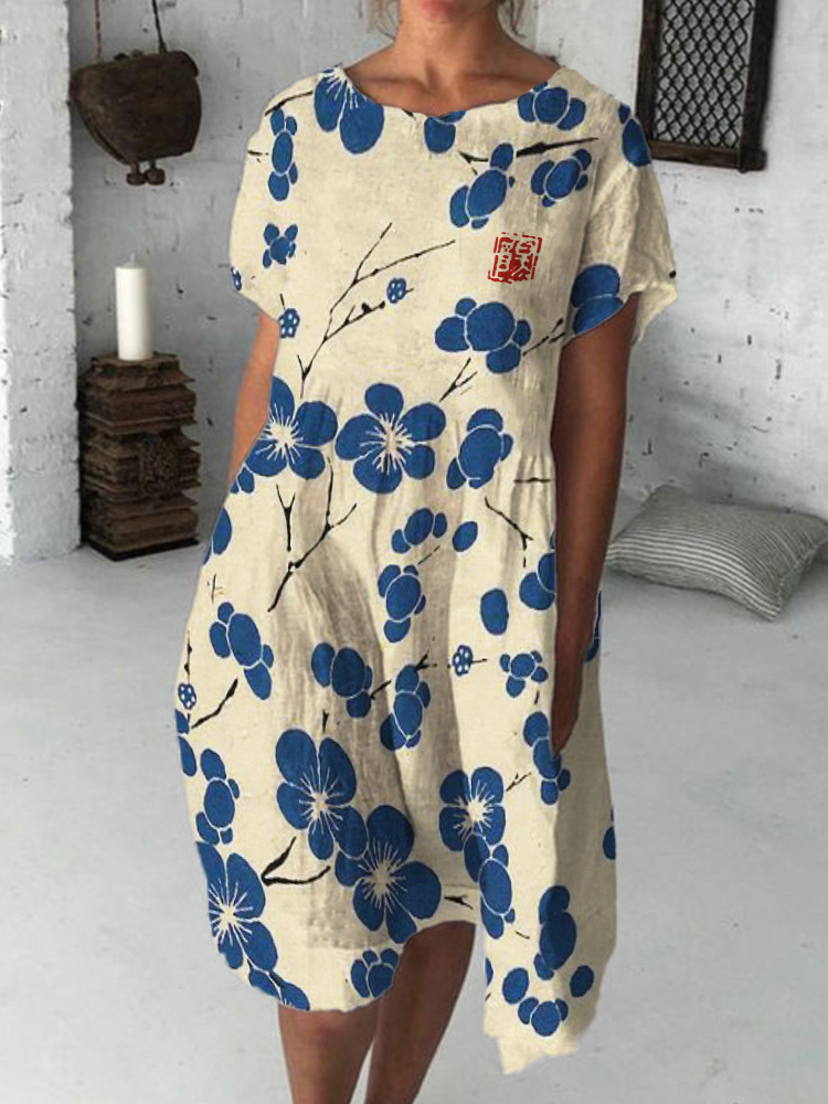 Cherry Blossom Japanese Lino Flowy Midi Dress-Datalatt