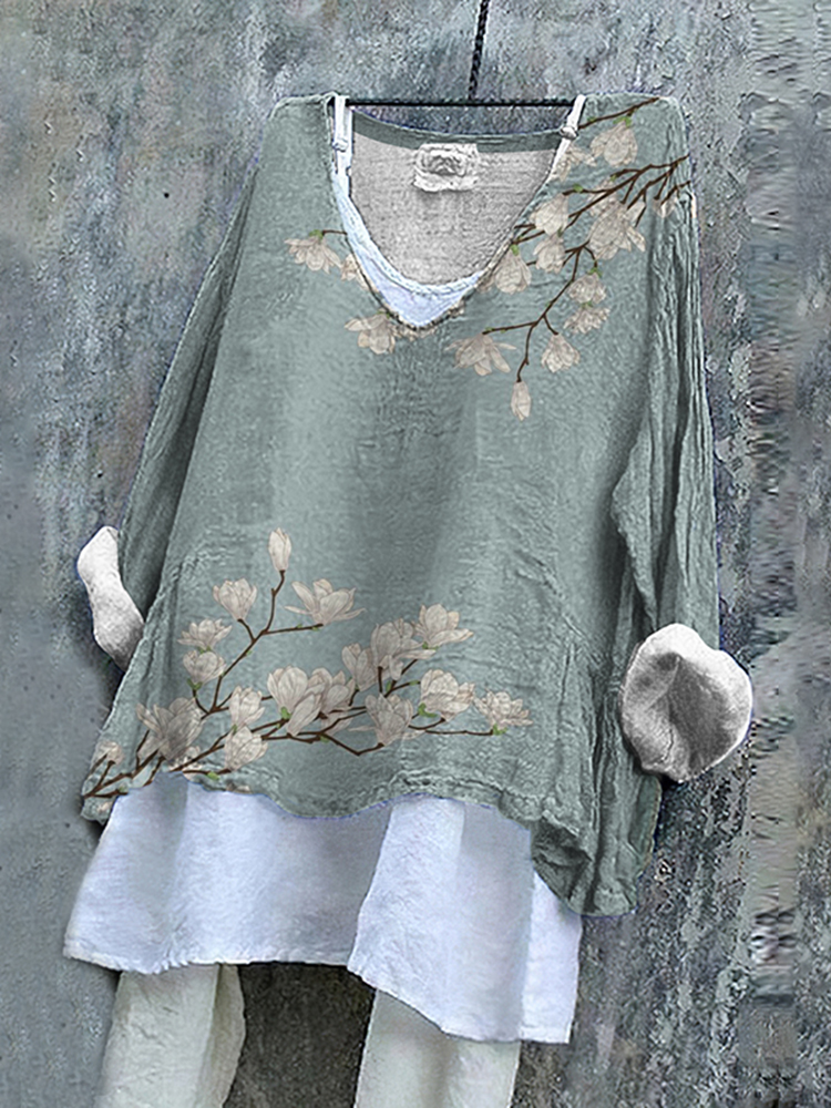 Vintage Floral Cotton Linen V Neck Casual Shirt-Datalatt