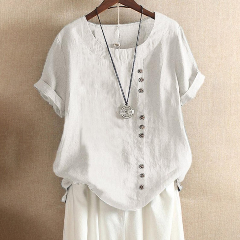 Round Neck Solid Color Buttons Short Sleeves T-shirt-Datalatt