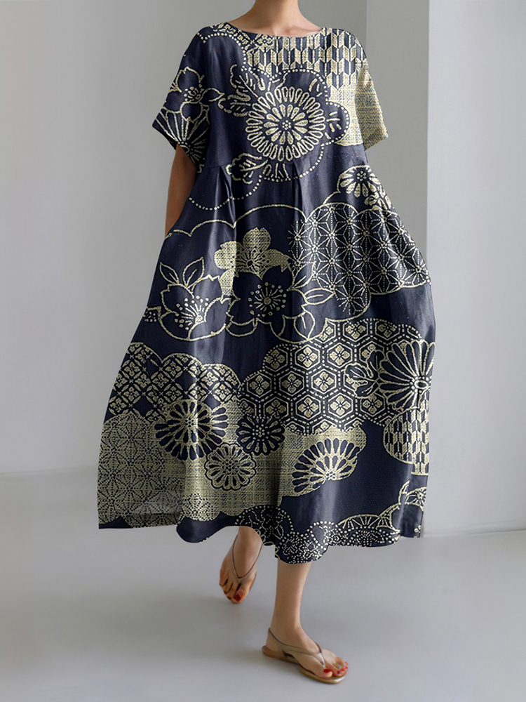 Vintage Japanese Art Print Short Sleeve Loose Midi Dress-Datalatt