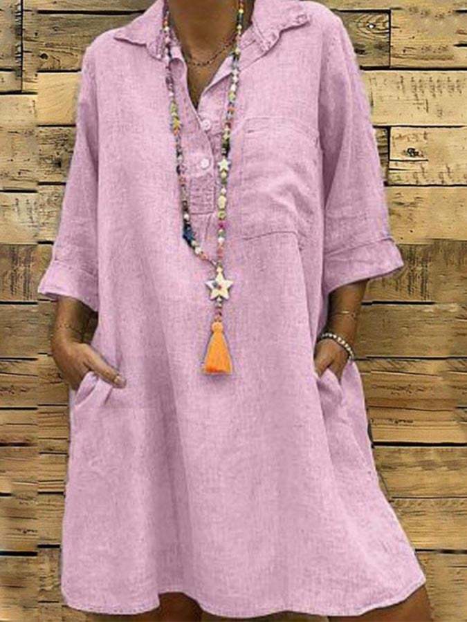 Ladies Plus Size 3/4 Sleeve Shirt Collar Casual Midi Dress