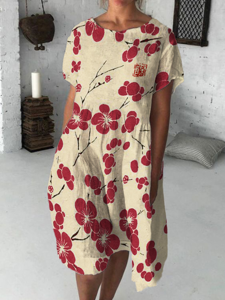 Cherry Blossom Japanese Lino Flowy Midi Dress-Datalatt