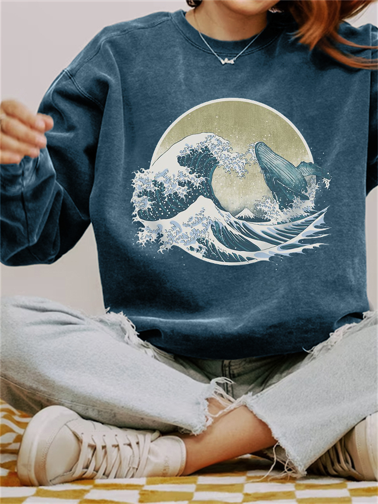 Whale Breach Japanese Art Vintage Washed Sweatshirt-Datalatt