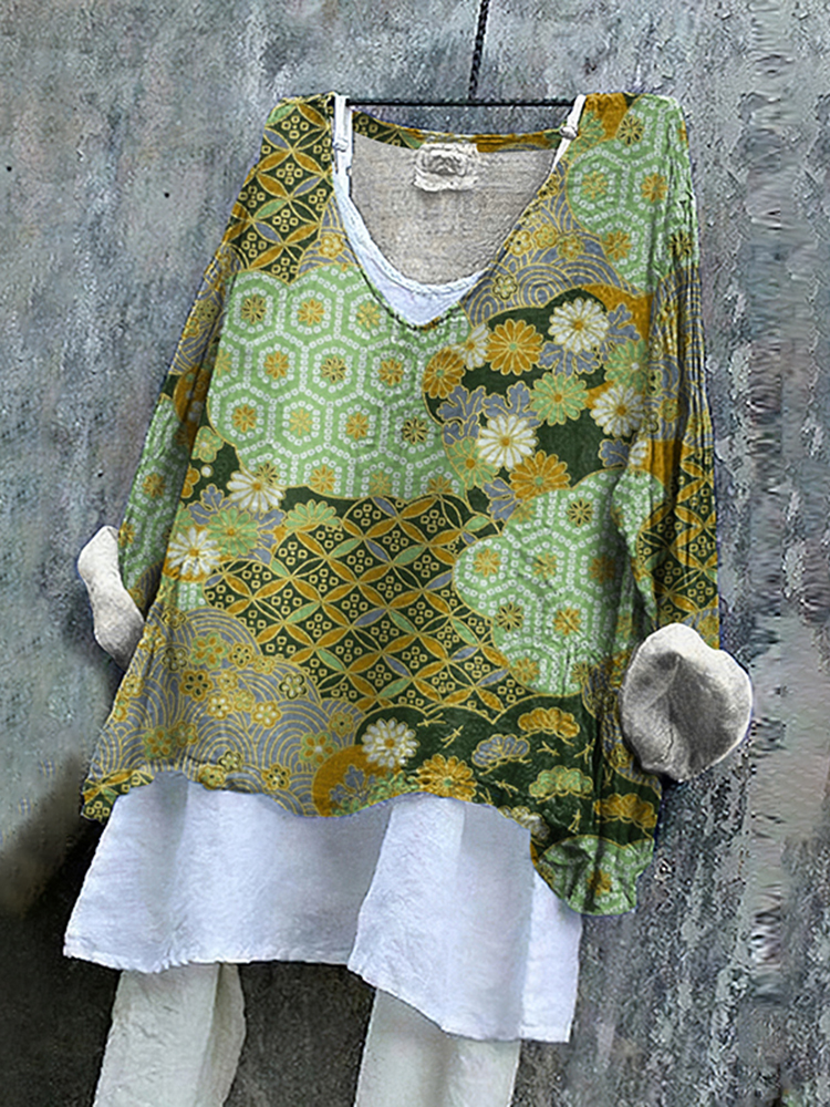 Vintage Japanese Art Print V-Neck Loose Blouse-Datalatt