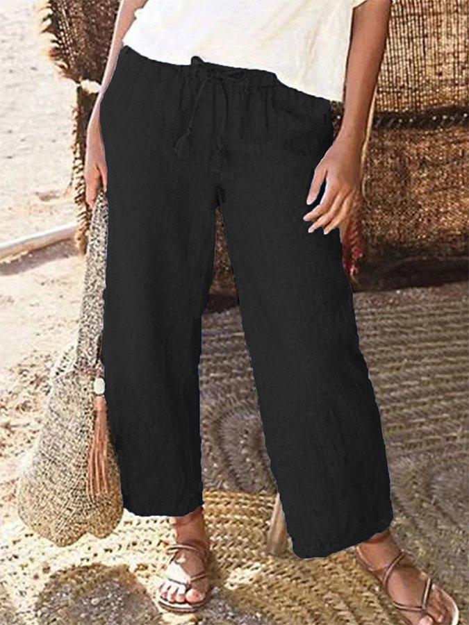 Women's Cotton Linen Drawstring Casual Cropped Pants-Datalatt