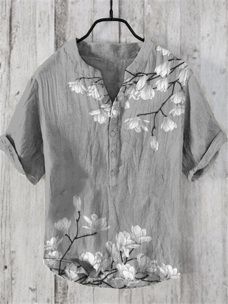 Men's Vintage Japanese Art Magnolia Flower V Neck Casual Linen Blend Shirt-Datalatt