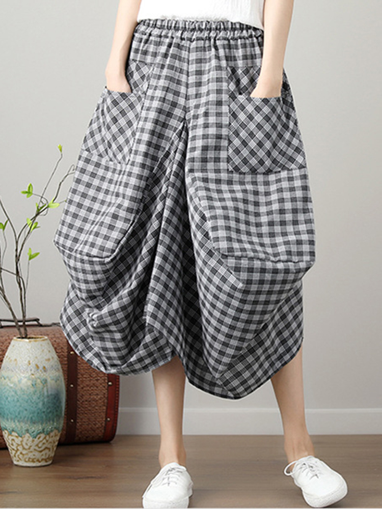 Vintage Cotton Linen Loose Plaid Lantern Skirt-Datalatt