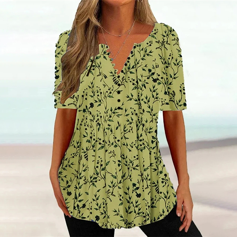 Floral Print V Neck Button Loose Blouse-Datalatt